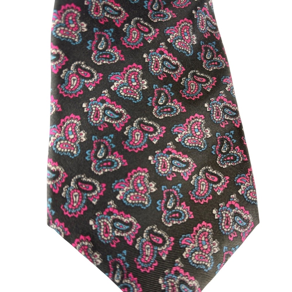 Oscar de la Renta Couture Mens Paisley Silk Tie Black Pink Blue Geometric Design